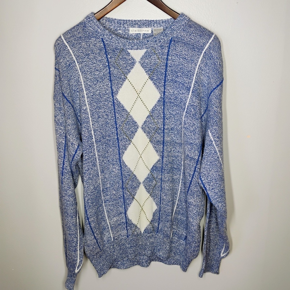 Vintage Claiborne Argyle‎ Knit Sweater Mens Large Blue Preppy Academia Golf